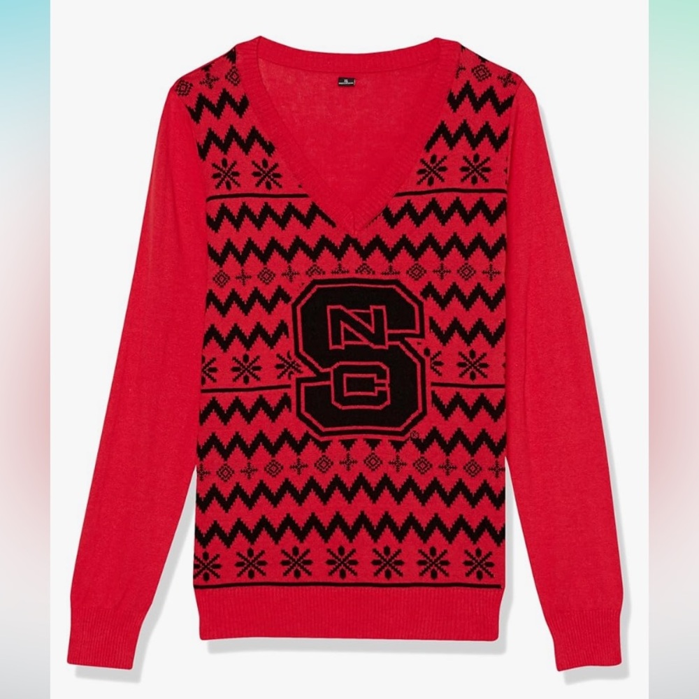 North Carolina NC State Ugly Sweater FOCO Size XL Womens Red and Black V-Neck